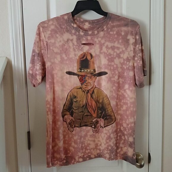 John Wayne Beached Acid-Washed Distressed Bling Cowboy Oversized T-shirt Sz L - Picture 1 of 7